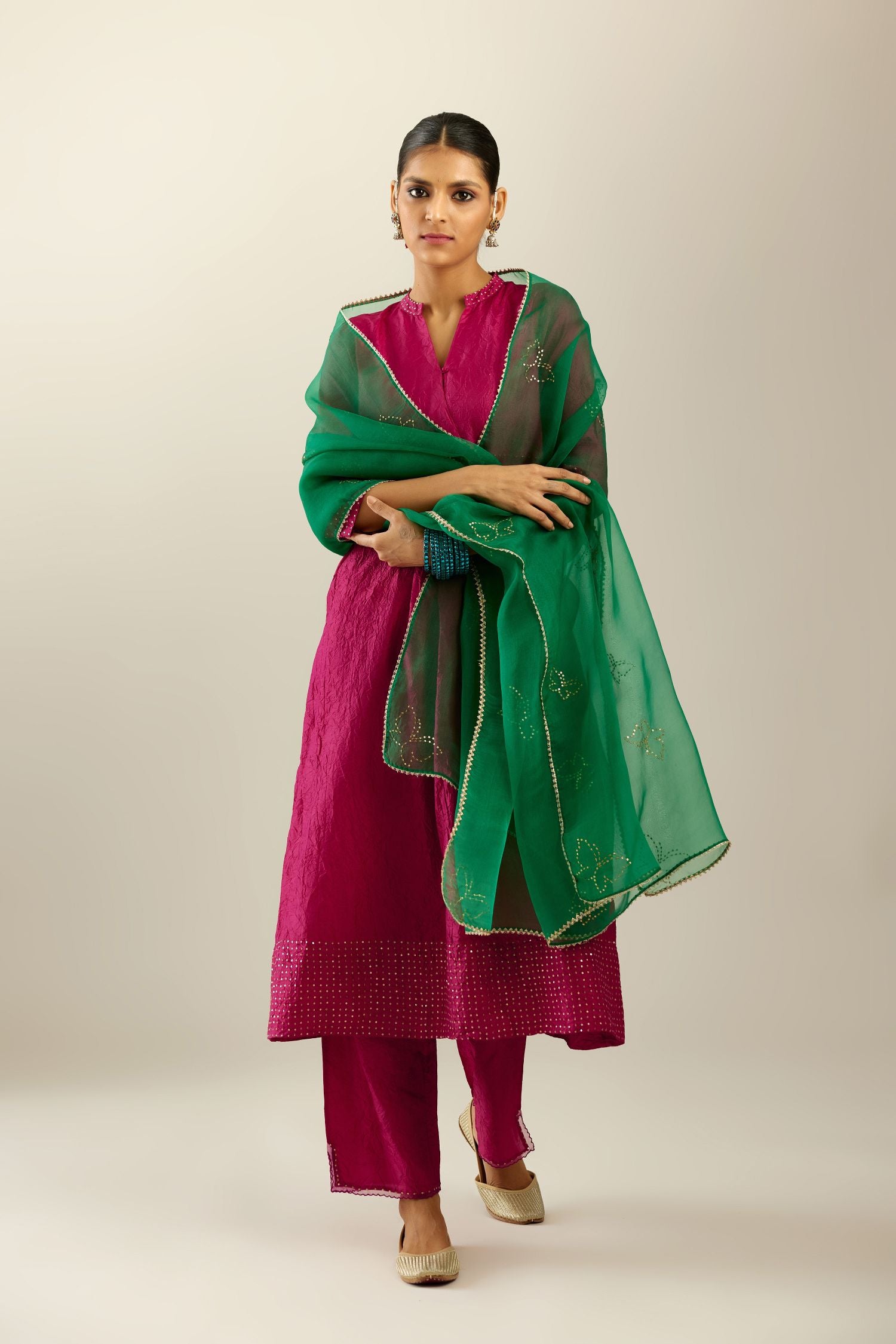 Jazzberry jam silk hand crushed kurta set, highlighted with sequins.