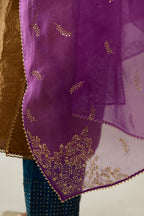 Golden olive silk straight kurta set, highlighted with organza and sequins at edges.