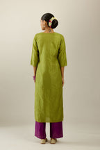Apple green silk straight kurta set, highlighted with organza and sequins at edges.