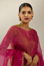 Apple green silk straight kurta set, highlighted with organza and sequins at edges.