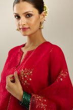 Red silk straight kurta set, highlighted with organza and sequins at edges.