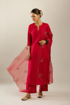 Red silk straight kurta set, highlighted with organza and sequins at edges.