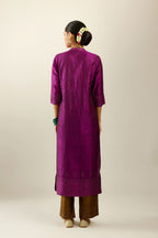Sangria silk hand crushed kurta set with collar neckline, highlighted with gold sequins.