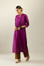 Sangria silk hand crushed kurta set with collar neckline, highlighted with gold sequins.