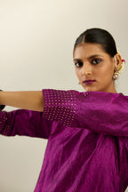 Sangria silk hand crushed kurta set with collar neckline, highlighted with gold sequins.