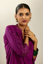 Sangria silk hand crushed kurta set with collar neckline, highlighted with gold sequins.
