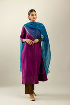 Sangria silk hand crushed kurta set with collar neckline, highlighted with gold sequins.