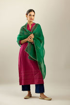 Dark green silk organza dupatta with all over sequined butterflies.