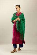 Jazzberry jam silk hand crushed kurta with collar neckline, highlighted with gold sequins.