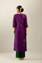 Plum purple hand crushed silk straight kurta set, highlighted with a single zari and sequins boota.