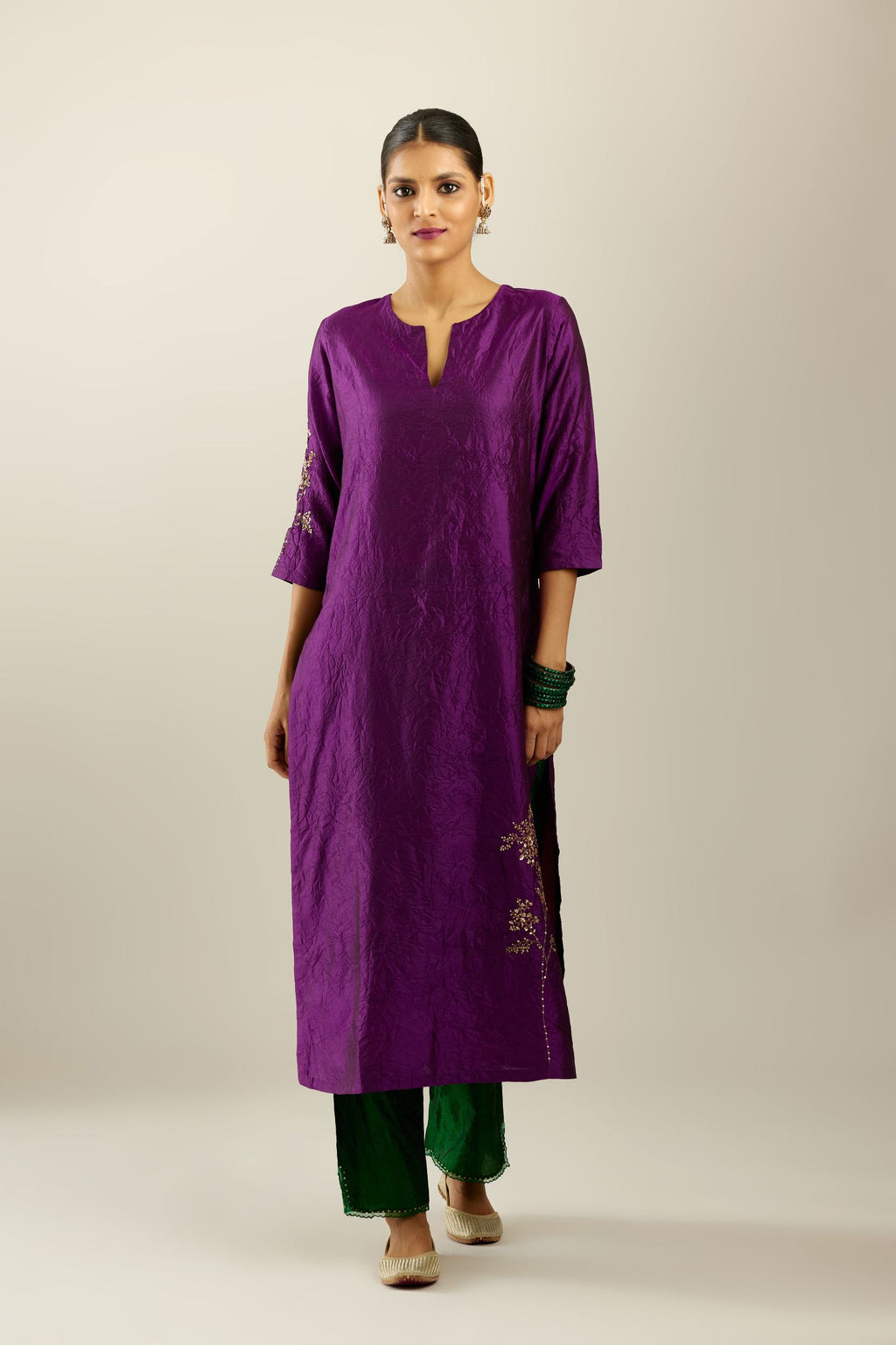 Plum purple hand crushed silk straight kurta set, highlighted with a single zari and sequins boota.