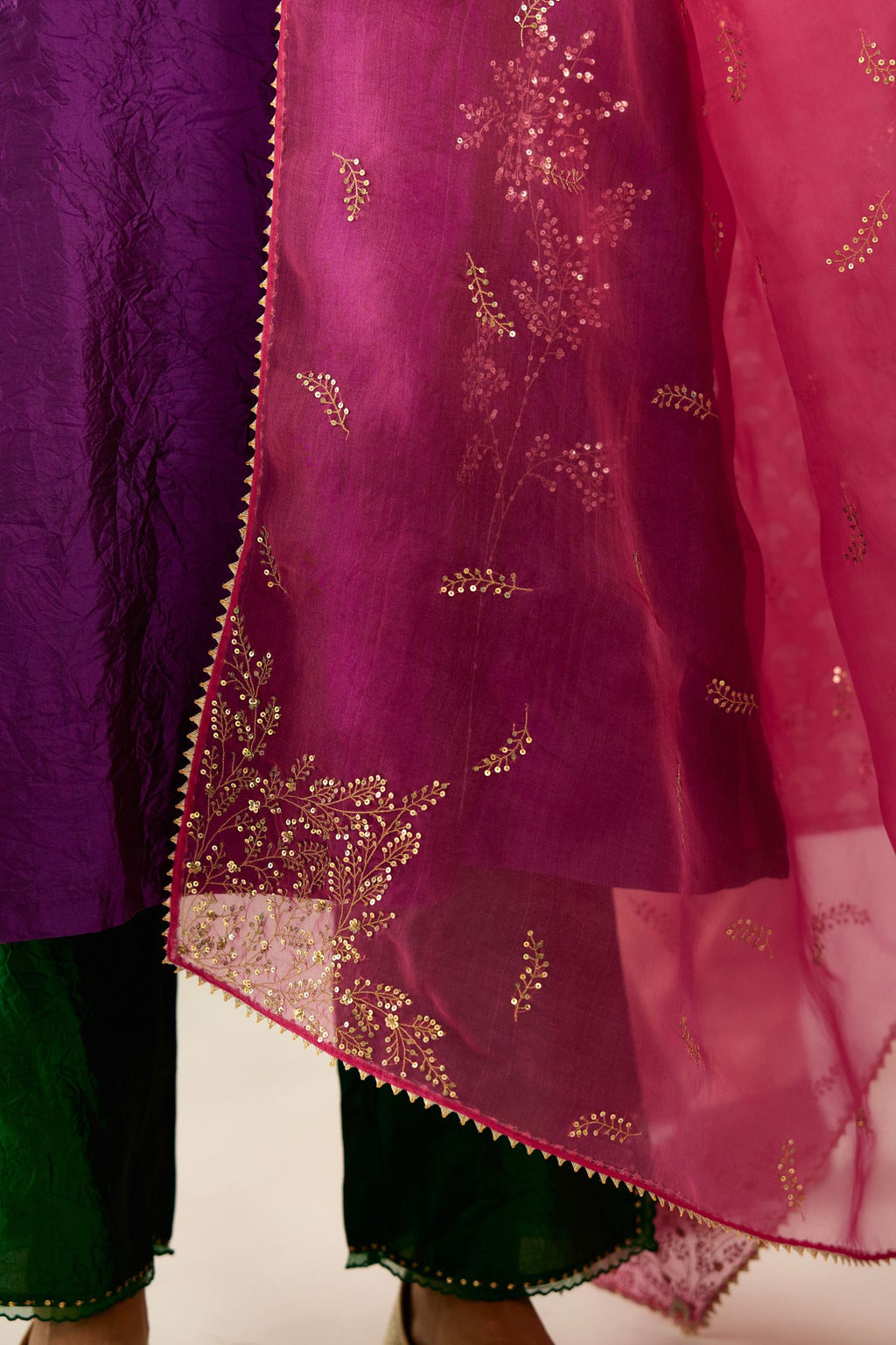 Plum purple hand crushed silk straight kurta set, highlighted with a single zari and sequins boota.