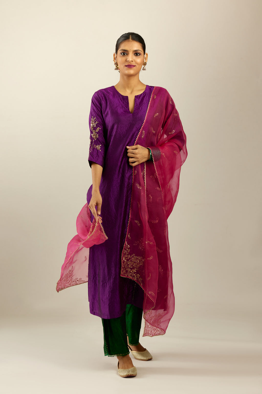 Plum purple hand crushed silk straight kurta set, highlighted with a single zari and sequins boota.
