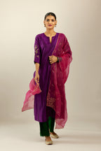 Plum purple hand crushed silk straight kurta set, highlighted with a single zari and sequins boota.