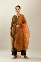 Golden olive hand crushed silk straight kurta set, highlighted with zari and sequins work at sleeve and hem.