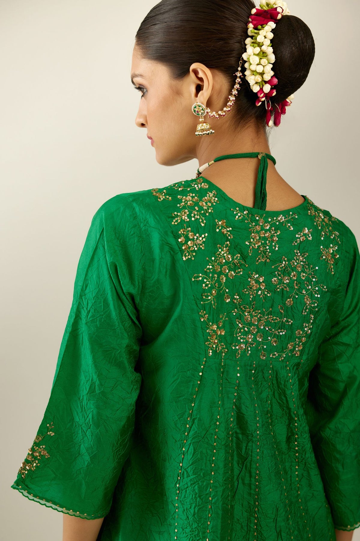 Grass green hand crushed silk kurta dress set with a V neck embroidered yoke and panels.