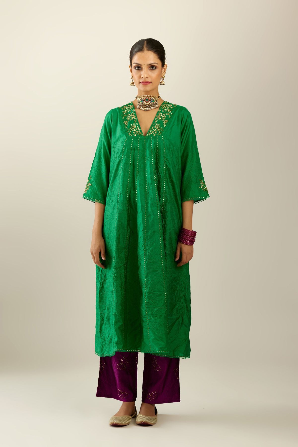 Grass green hand crushed silk kurta dress set with a V neck embroidered yoke and panels.