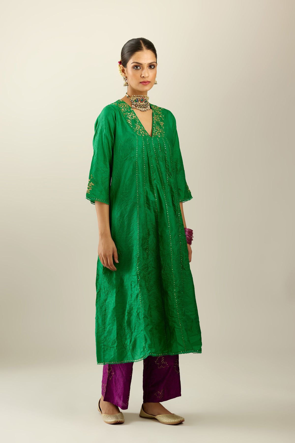 Grass green hand crushed silk kurta dress set with a V neck embroidered yoke and panels.