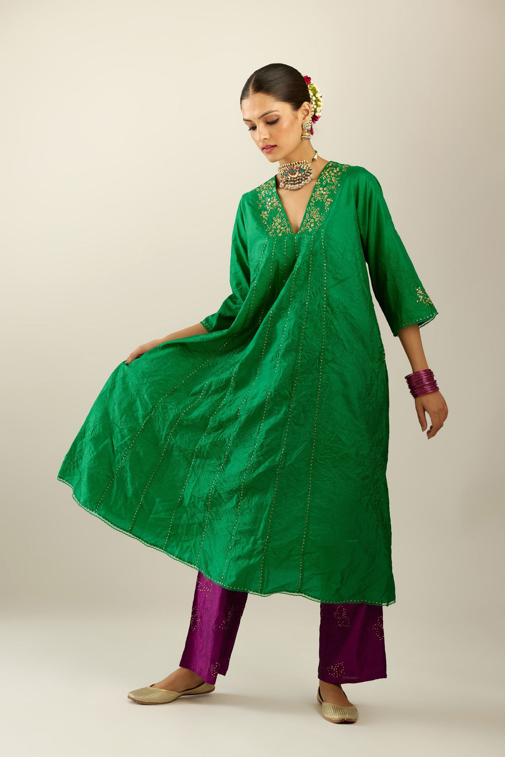 Grass green hand crushed silk kurta dress set with a V neck embroidered yoke and panels.