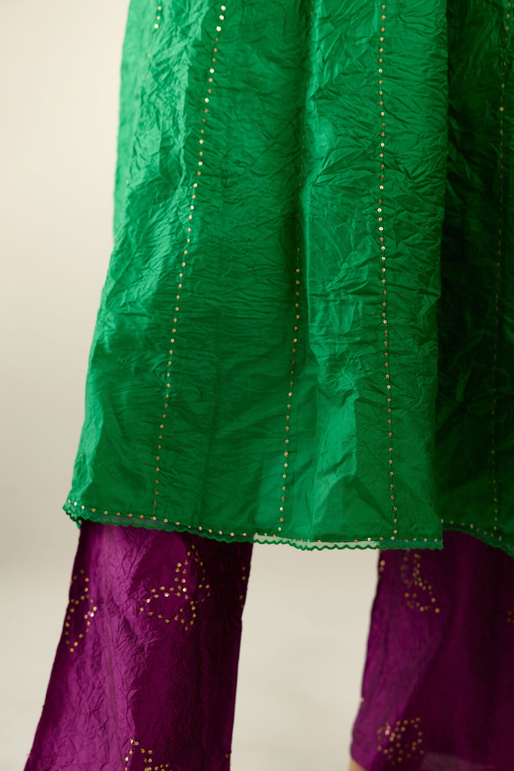 Grass green hand crushed silk kurta dress set with a V neck embroidered yoke and panels.