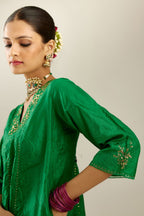 Grass green hand crushed silk kurta dress set with a V neck embroidered yoke and panels.