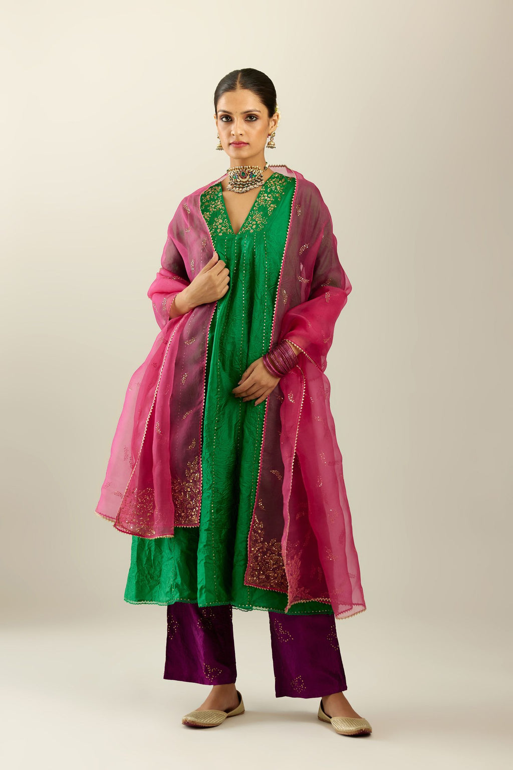 Grass green hand crushed silk kurta dress set with a V neck embroidered yoke and panels.