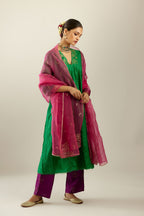 Grass green hand crushed silk kurta dress set with a V neck embroidered yoke and panels.