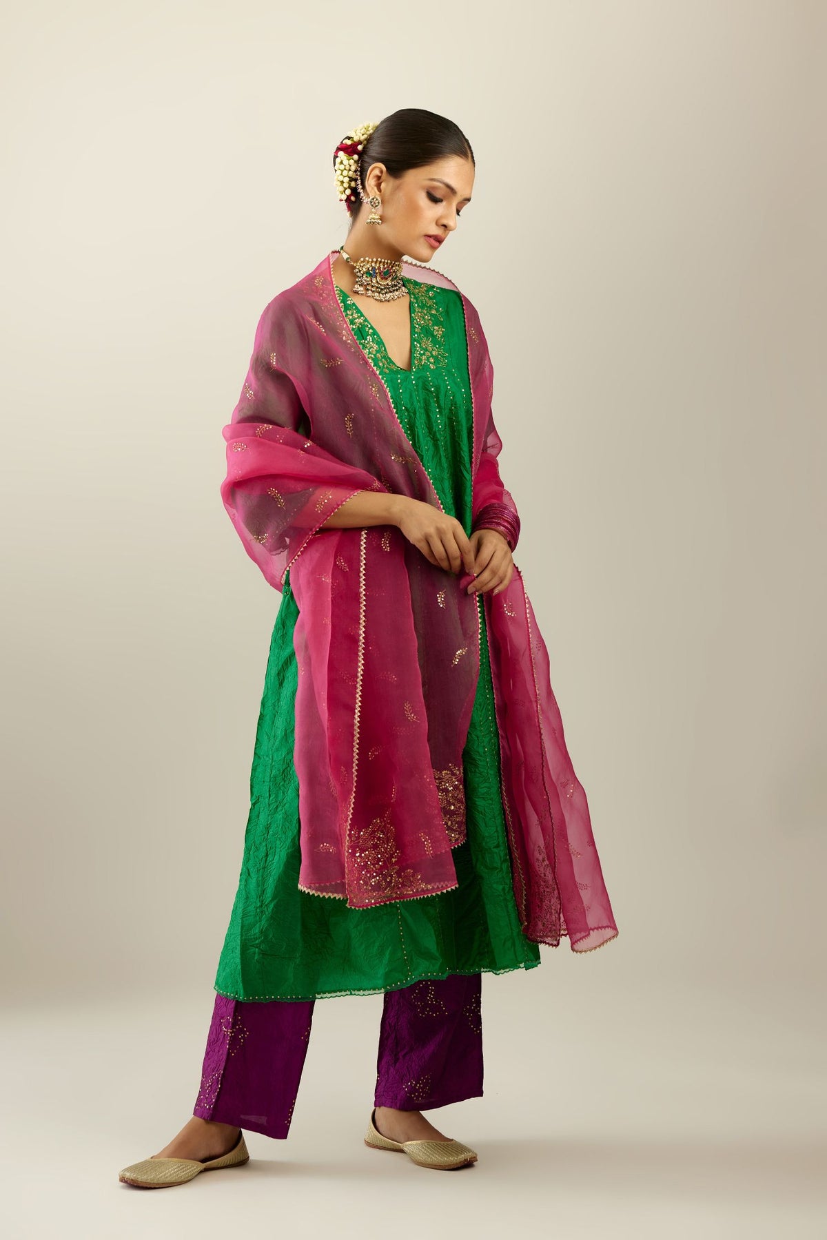 Grass green hand crushed silk kurta dress set with a V neck embroidered yoke and panels.