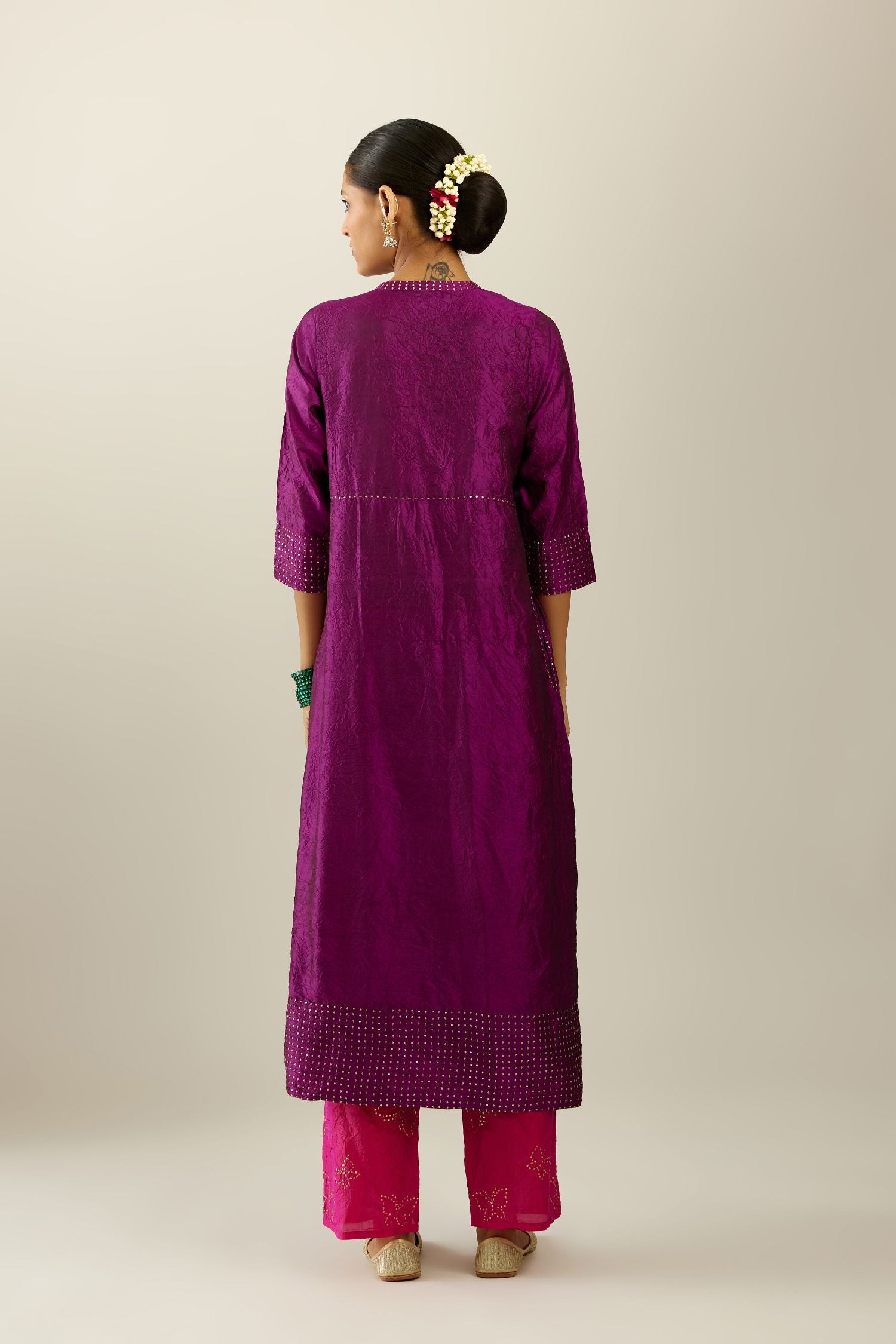 Sangria silk hand crushed kurta set, highlighted with sequins.