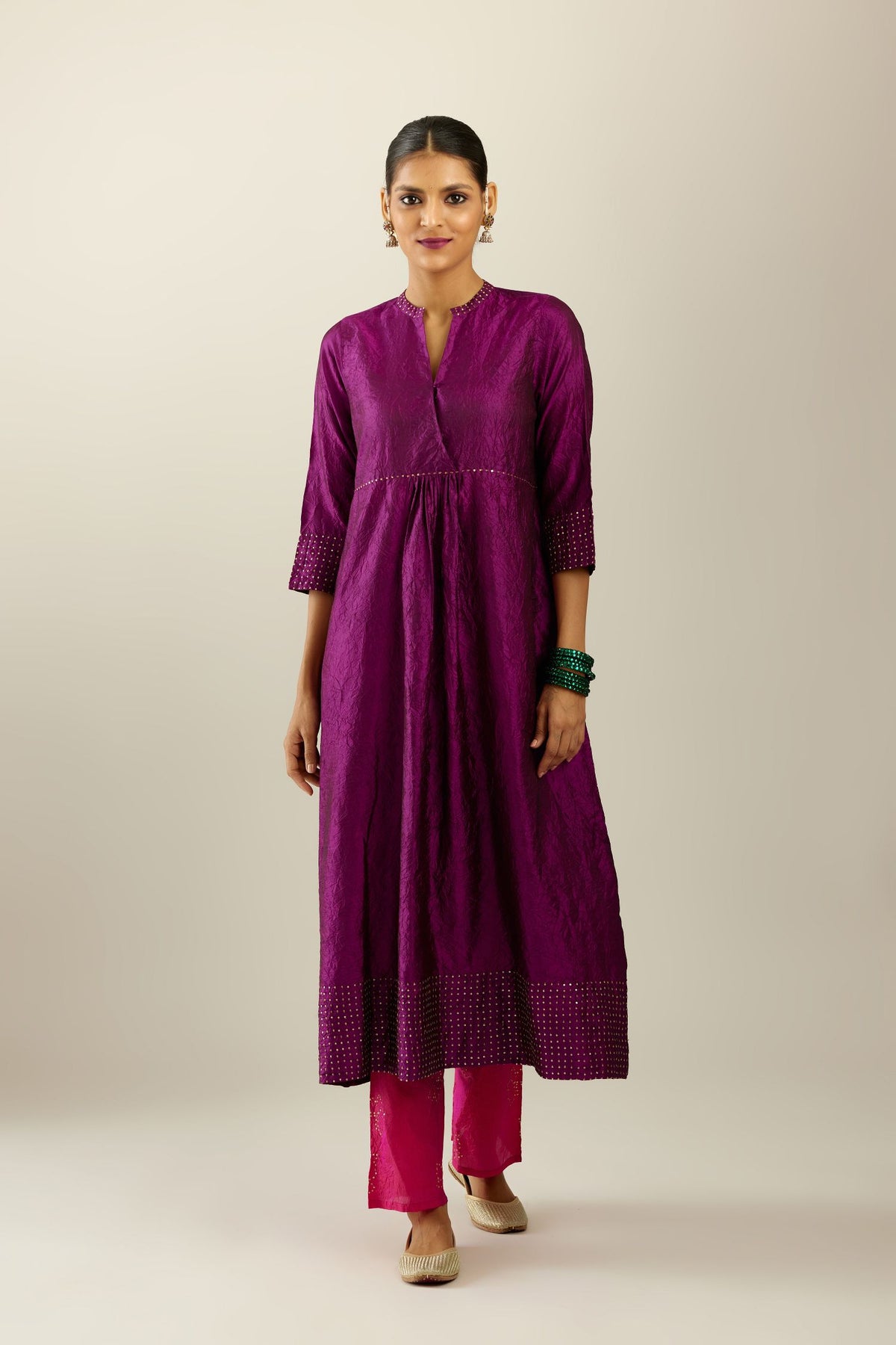 Sangria silk hand crushed kurta set, highlighted with sequins.