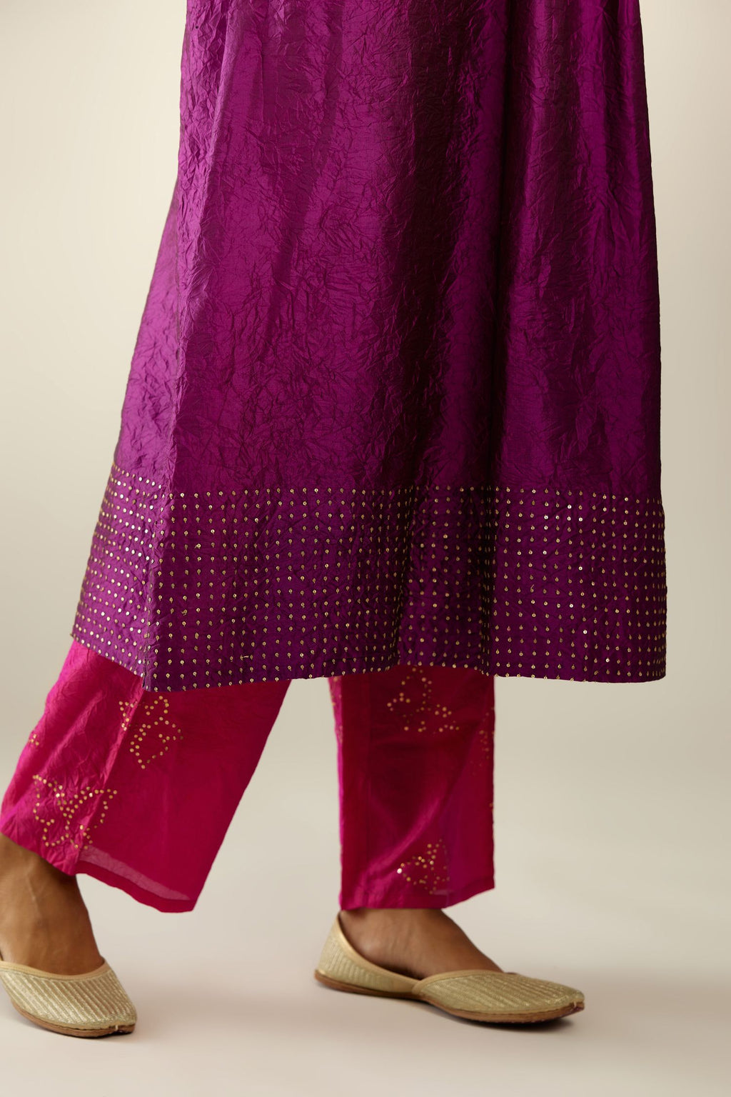 Sangria silk hand crushed kurta set, highlighted with sequins.