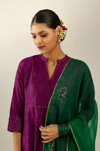 Sangria silk hand crushed kurta set, highlighted with sequins.