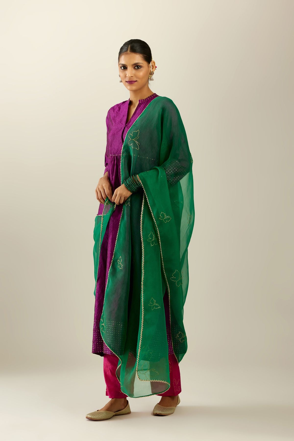 Sangria silk hand crushed kurta set, highlighted with sequins.