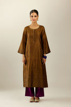 Golden olive silk hand crushed kurta set with concealed button placket neckline, highlighted with gold sequins heavy work at hem.