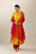 Red silk organza dupatta with all-over sequin bootas.