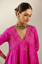Fiji fuchsia silk hand crushed V neck gathered kurta set, highlighted with all-over gold sequins boota.