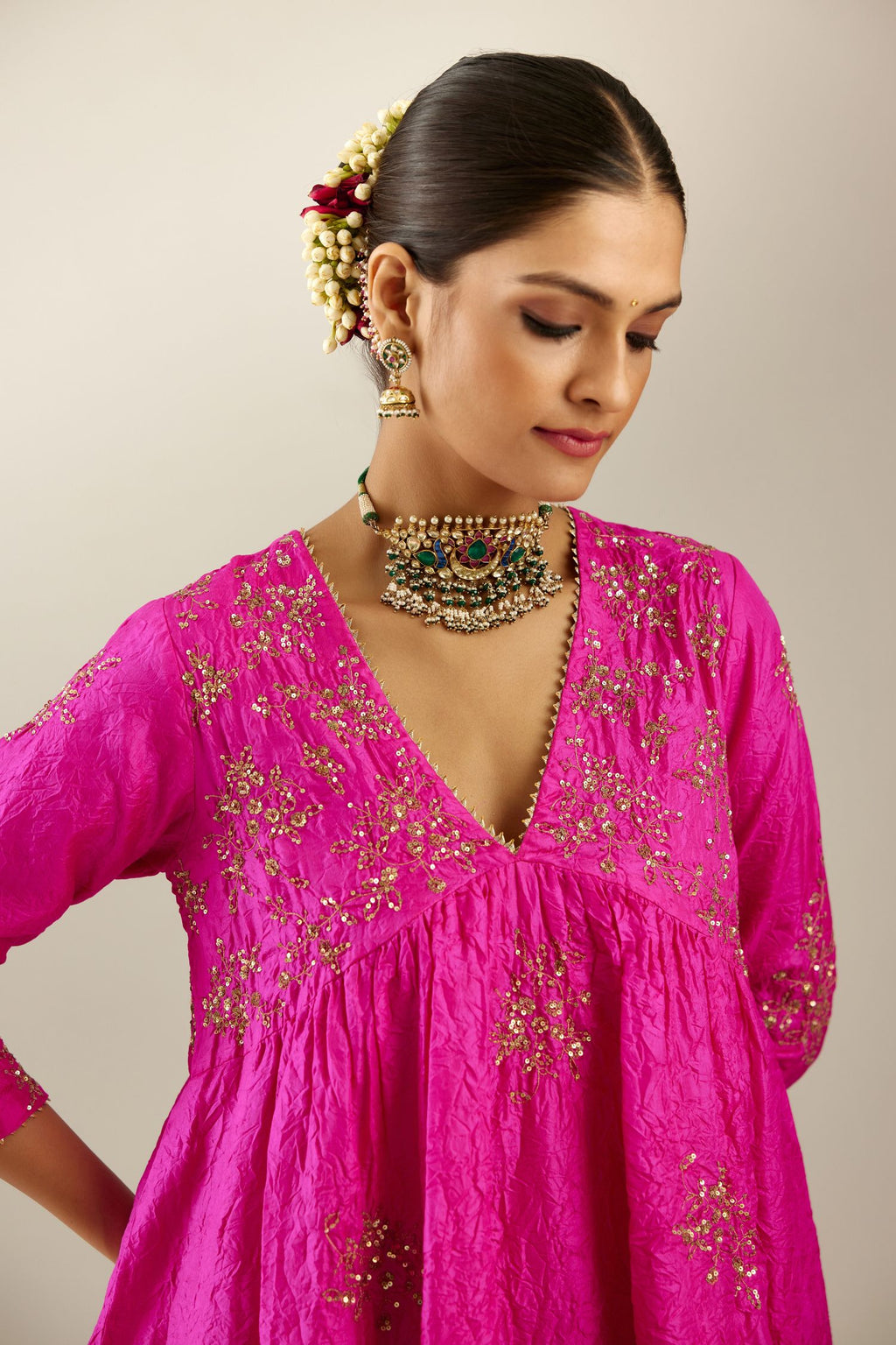 Fiji fuchsia silk hand crushed V neck gathered kurta set, highlighted with all-over gold sequins boota.