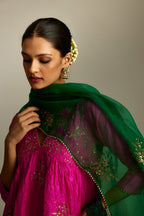 Dark green silk organza dupatta with all-over sequin bootas.
