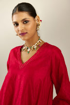 Red silk hand crushed easy fit straight hem kurta set, highlighted with a broad gold sequins border at hem
