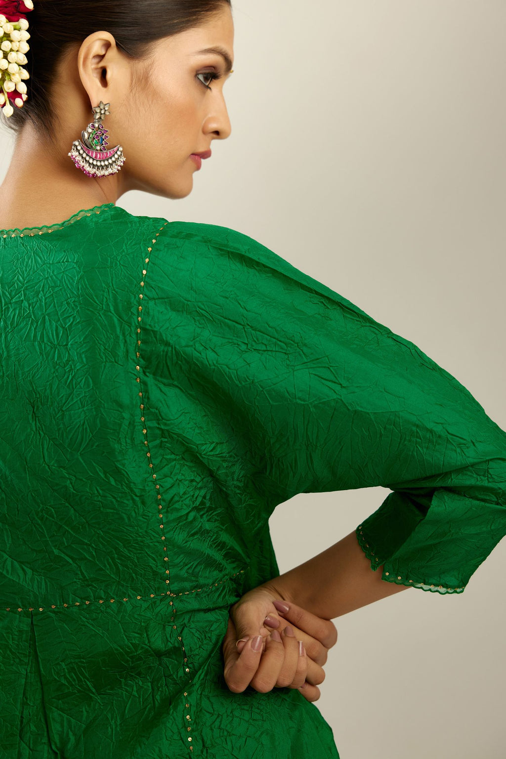 Silk hand crushed A-line kurta set, highlighted with gold sequins and embroidered scalloped edges.