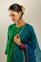 Silk hand crushed A-line kurta set, highlighted with gold sequins and embroidered scalloped edges.