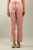 Pink cotton straight pants with all-over gold gota lines and zari embroidery at hem.