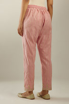 Pink cotton straight pants with all-over gold gota lines and zari embroidery at hem.