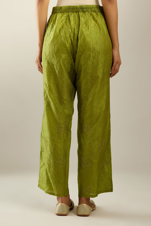 Apple green crushed silk pants with side pockets and assorted sequined butterflies till mid-calf length.