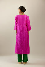 Silk hand crushed A-line kurta set, highlighted with gold sequins and embroidered scalloped edges.