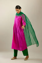 Silk hand crushed A-line kurta set, highlighted with gold sequins and embroidered scalloped edges.