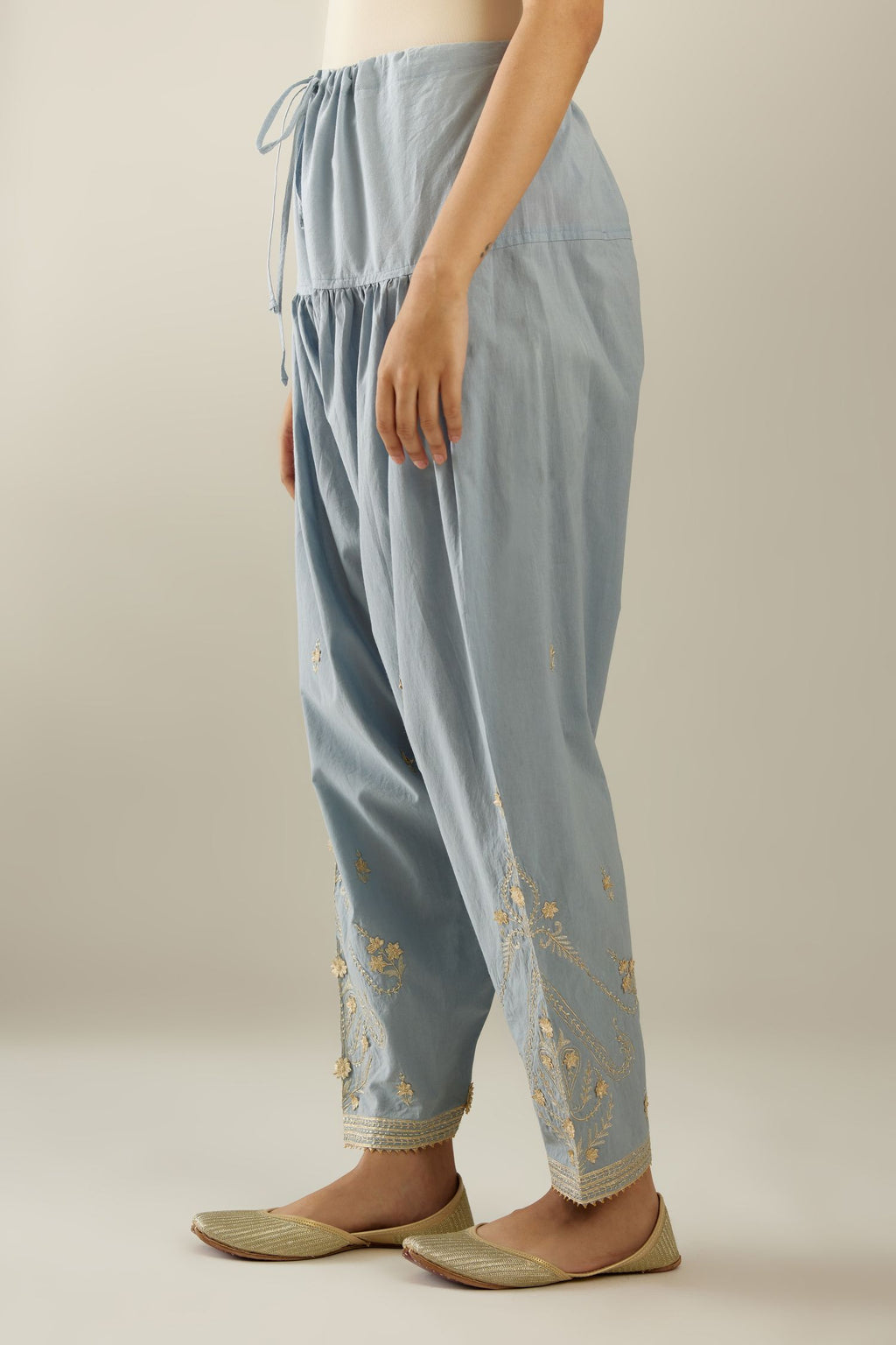 Blue cotton narrow salwar with heavy zari and gota embroidery