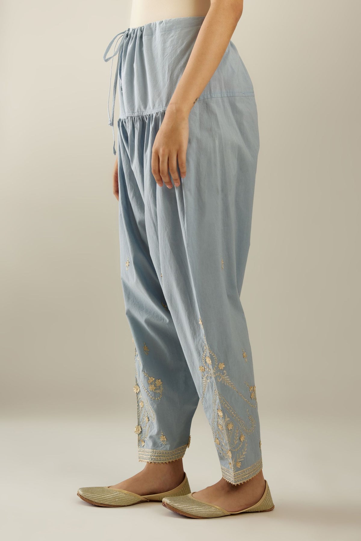 Blue cotton narrow salwar with heavy zari and gota embroidery