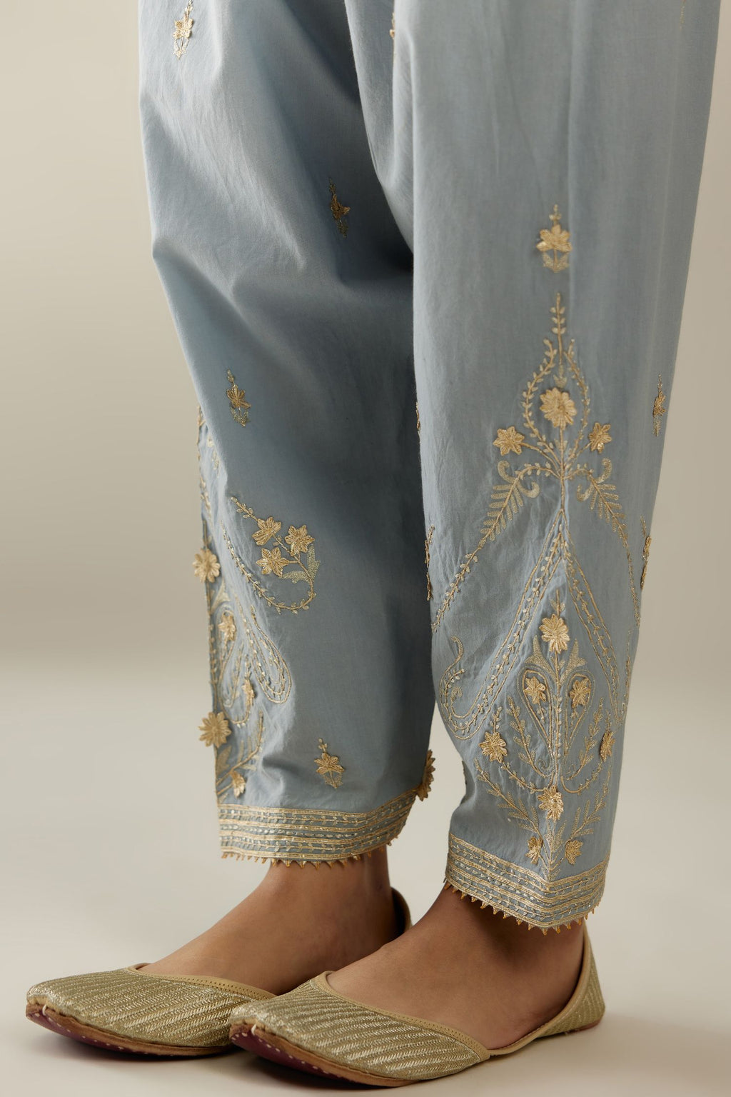Blue cotton narrow salwar with heavy zari and gota embroidery