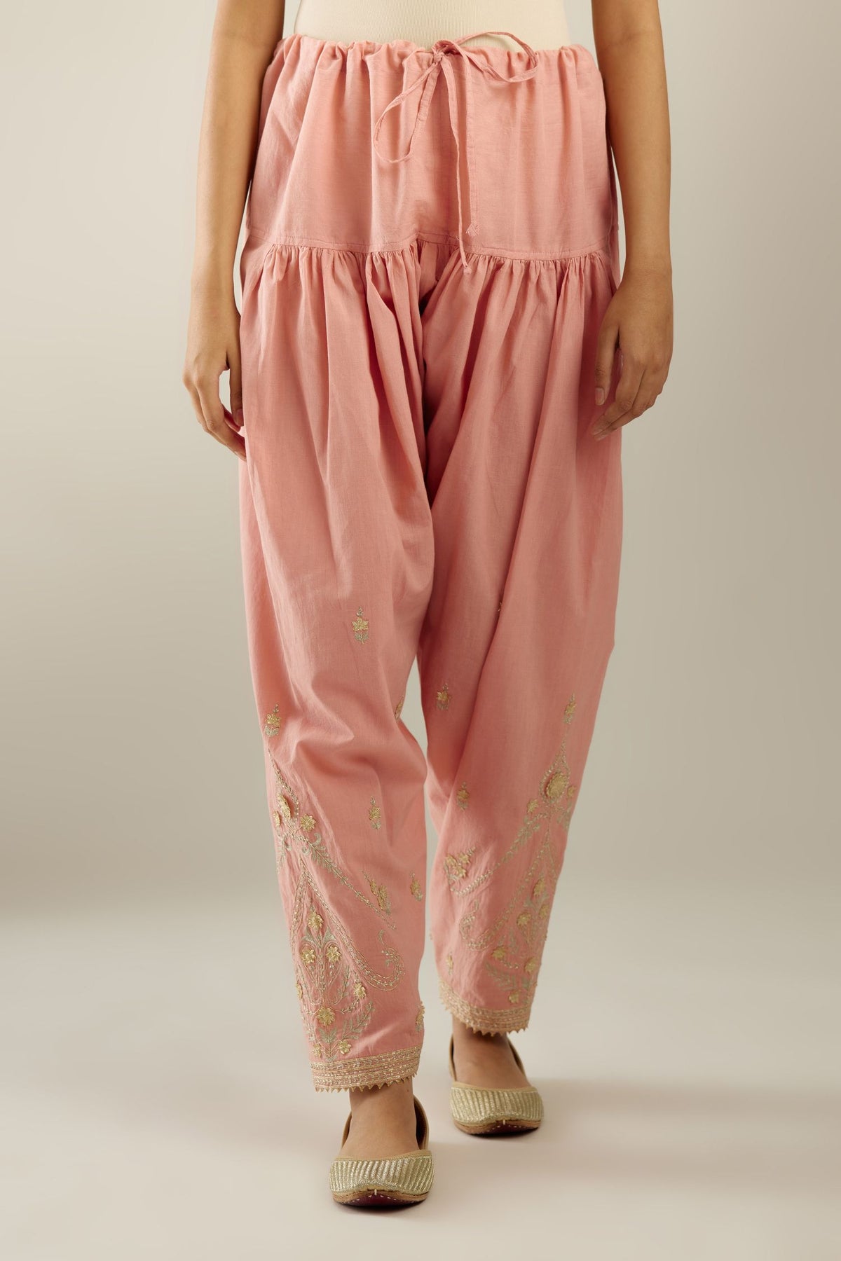 Pink cotton narrow salwar with heavy zari and gota embroidery